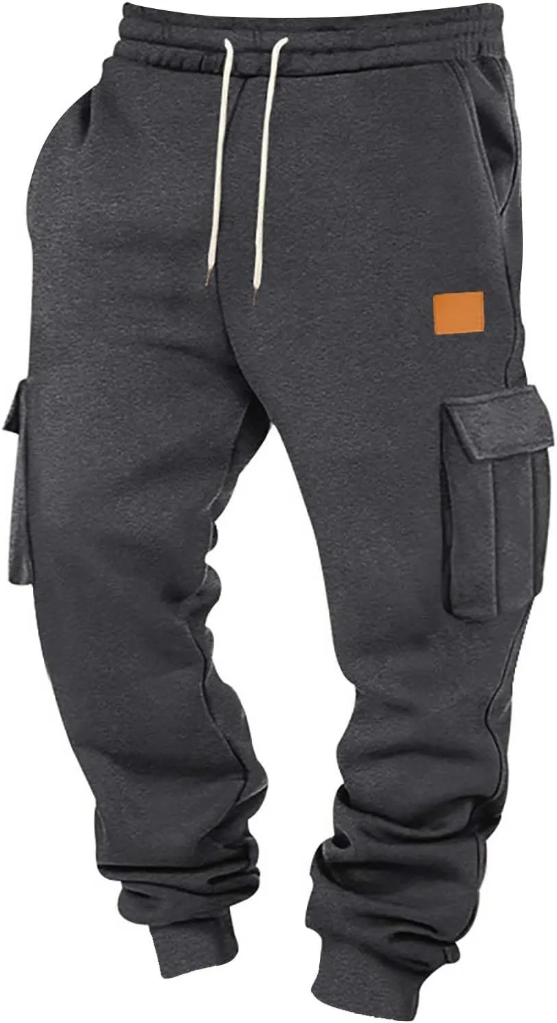 Mens Jogger Sweatpants Open Bottom Warm Fleece Lined Cargo Pants Relaxed Fit Tapered Winter Work Pants with Pockets