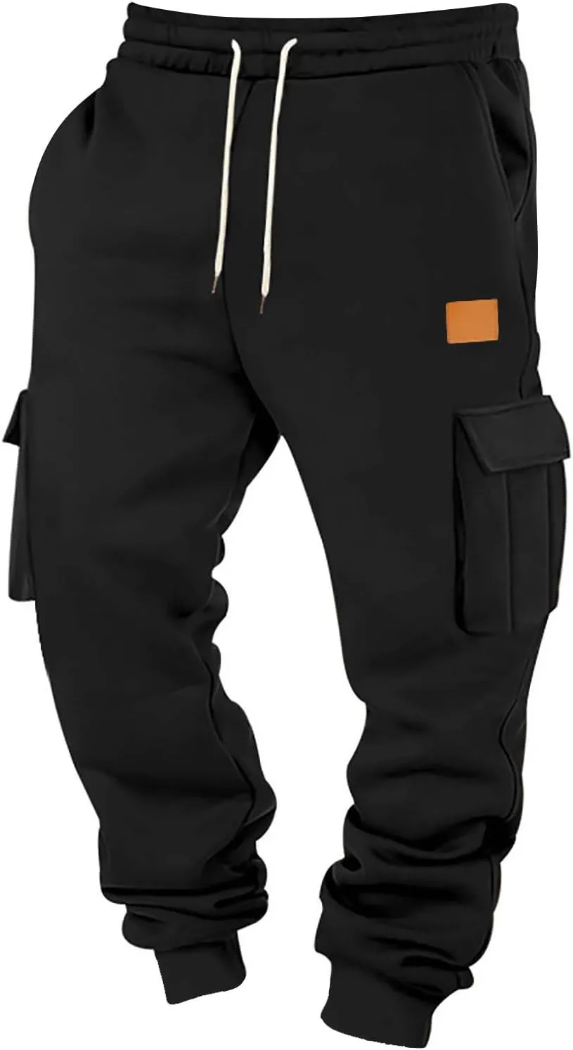 Mens Jogger Sweatpants Open Bottom Warm Fleece Lined Cargo Pants Relaxed Fit Tapered Winter Work Pants with Pockets