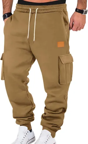 Mens Jogger Sweatpants Open Bottom Warm Fleece Lined Cargo Pants Relaxed Fit Tapered Winter Work Pants with Pockets