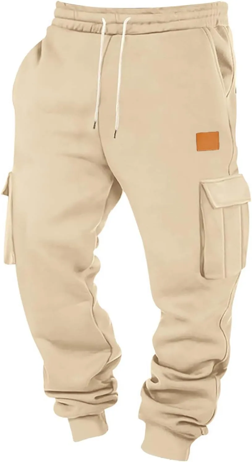 Mens Jogger Sweatpants Open Bottom Warm Fleece Lined Cargo Pants Relaxed Fit Tapered Winter Work Pants with Pockets