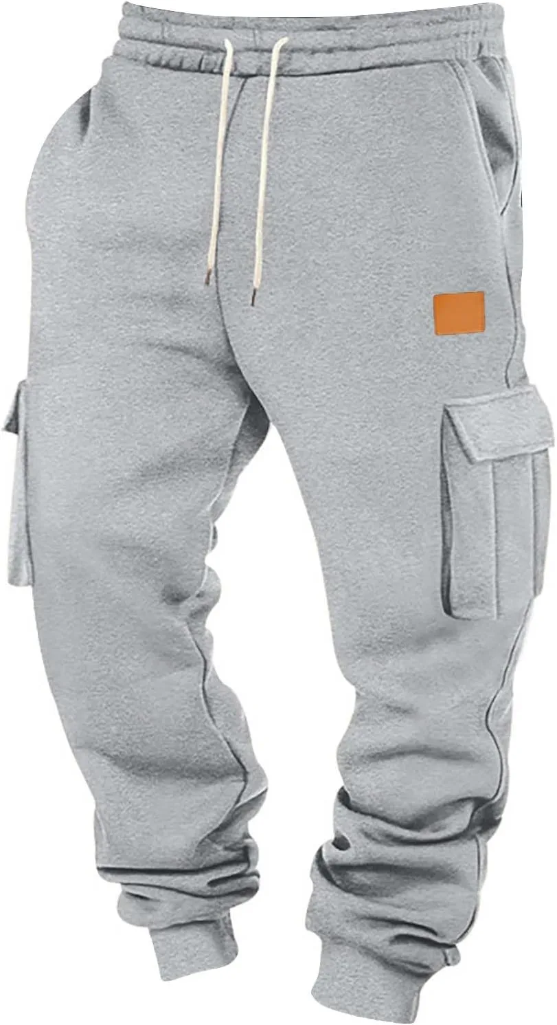 Mens Jogger Sweatpants Open Bottom Warm Fleece Lined Cargo Pants Relaxed Fit Tapered Winter Work Pants with Pockets