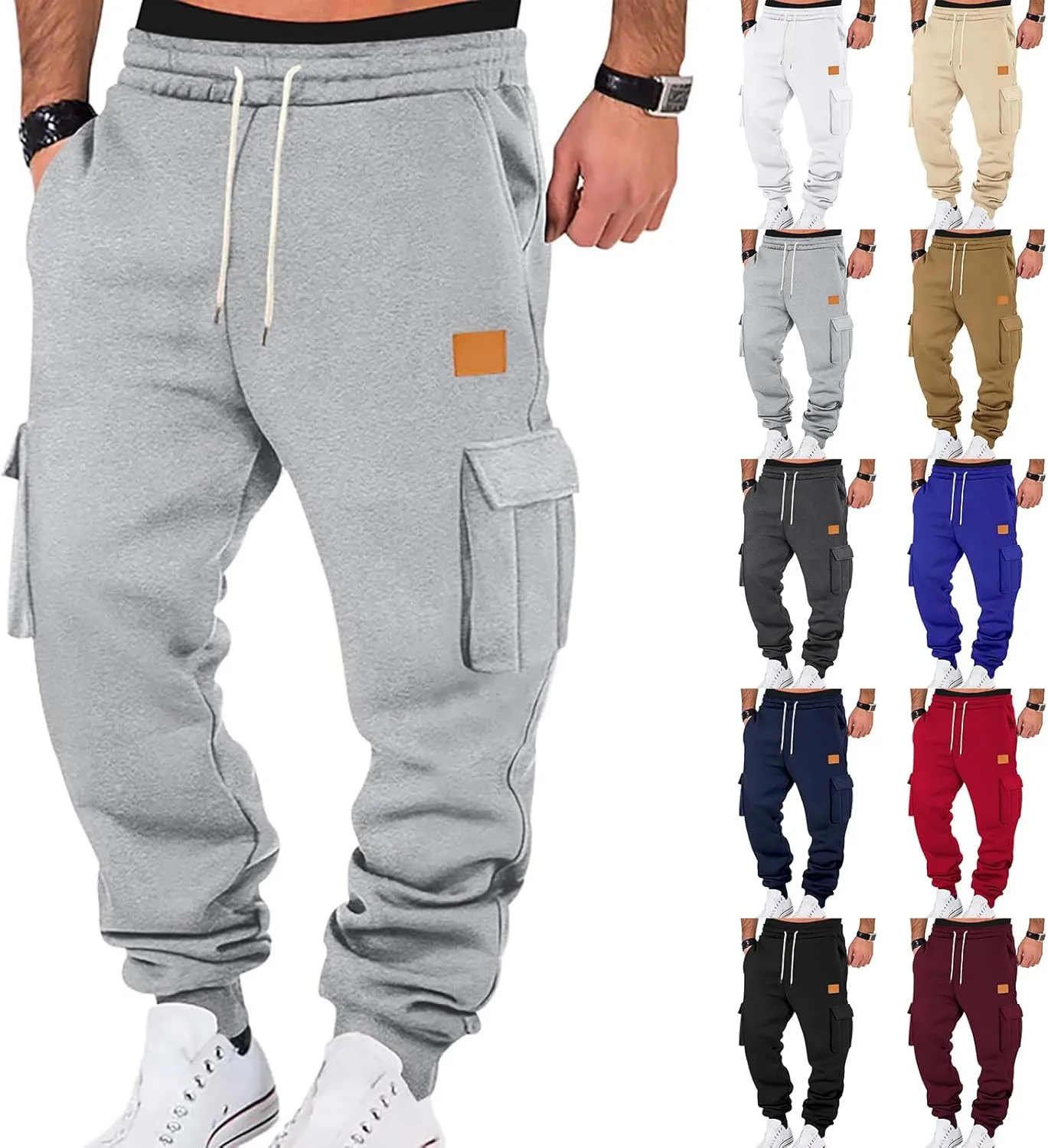 Mens Jogger Sweatpants Open Bottom Warm Fleece Lined Cargo Pants Relaxed Fit Tapered Winter Work Pants with Pockets