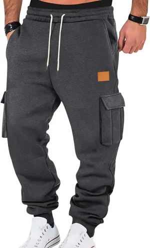 Mens Jogger Sweatpants Open Bottom Warm Fleece Lined Cargo Pants Relaxed Fit Tapered Winter Work Pants with Pockets