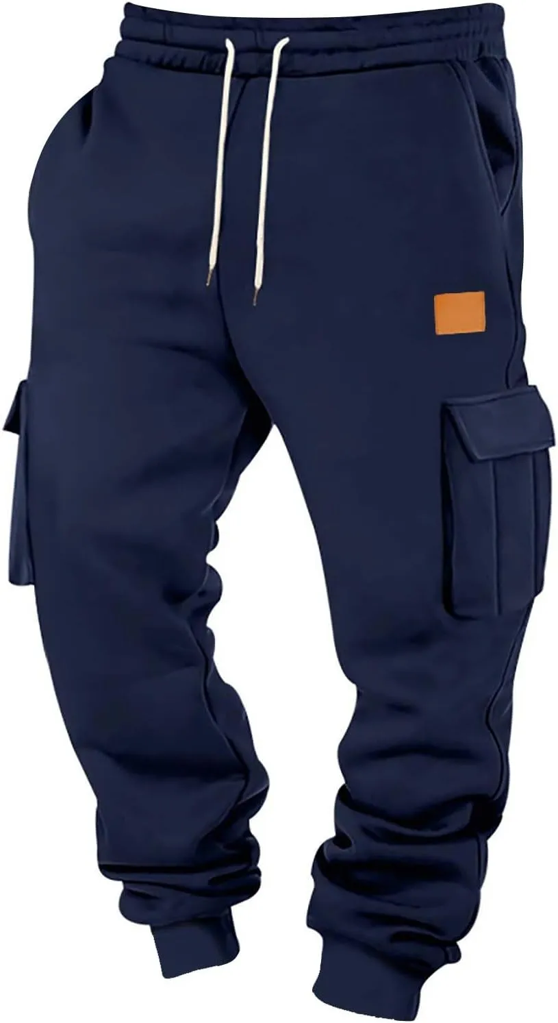 Mens Jogger Sweatpants Open Bottom Warm Fleece Lined Cargo Pants Relaxed Fit Tapered Winter Work Pants with Pockets