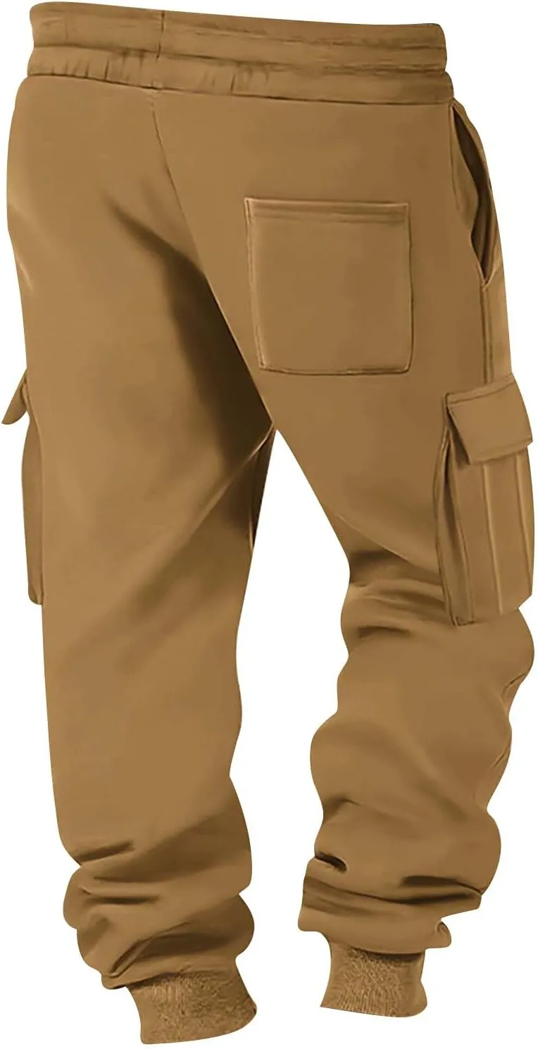 Mens Jogger Sweatpants Open Bottom Warm Fleece Lined Cargo Pants Relaxed Fit Tapered Winter Work Pants with Pockets