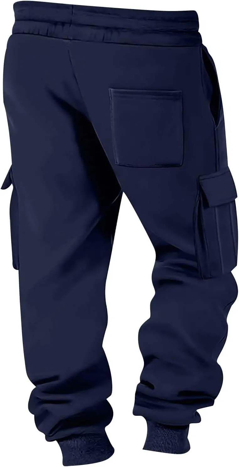 Mens Jogger Sweatpants Open Bottom Warm Fleece Lined Cargo Pants Relaxed Fit Tapered Winter Work Pants with Pockets