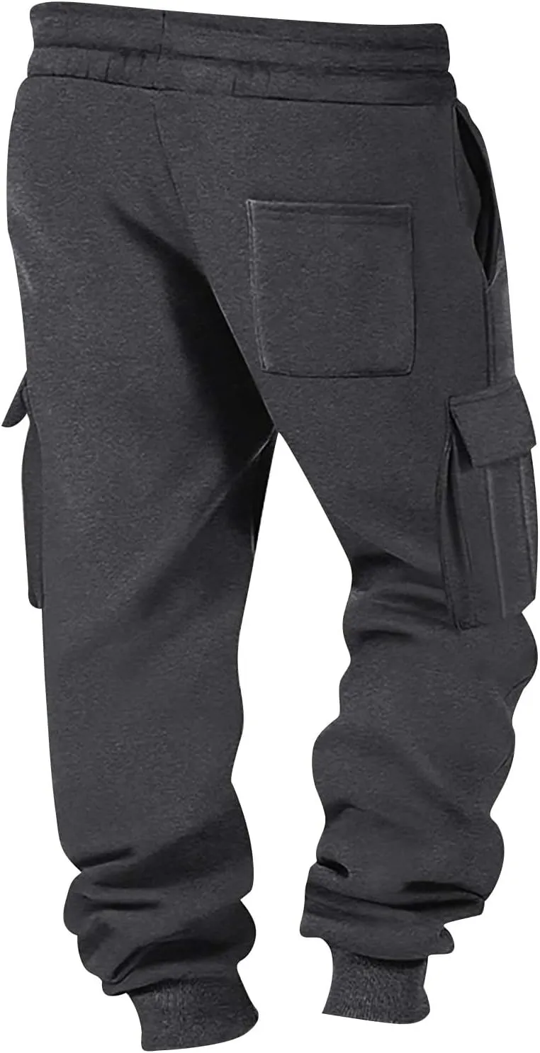 Mens Jogger Sweatpants Open Bottom Warm Fleece Lined Cargo Pants Relaxed Fit Tapered Winter Work Pants with Pockets