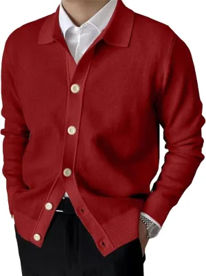 Men's Lapel Knitted Open Sweater Button Down Solid Knitwear Fall Warm Tops Long Sleeve V Neck Cardigans