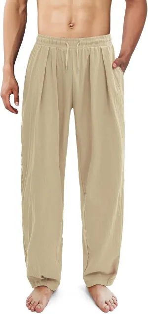 Men's Linen Pants Casual Drawstring Beach Pants Stretch Waist Summer Pants Lightweight Trouser with Pockets