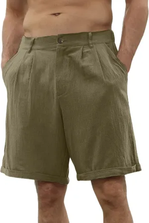 Men's Linen Shorts Casual Business Work Wear Classic Stretch Lightweight Summer Shorts Relaxed Fit Pleated Pants