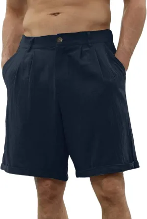 Men's Linen Shorts Casual Business Work Wear Classic Stretch Lightweight Summer Shorts Relaxed Fit Pleated Pants