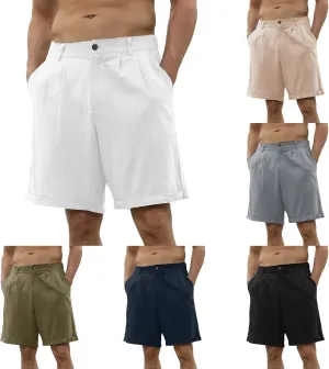 Men's Linen Shorts Casual Business Work Wear Classic Stretch Lightweight Summer Shorts Relaxed Fit Pleated Pants