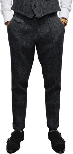 Mens Pants Herringbone Vintage Dress Pant Hemmed Pleated Suit Pants