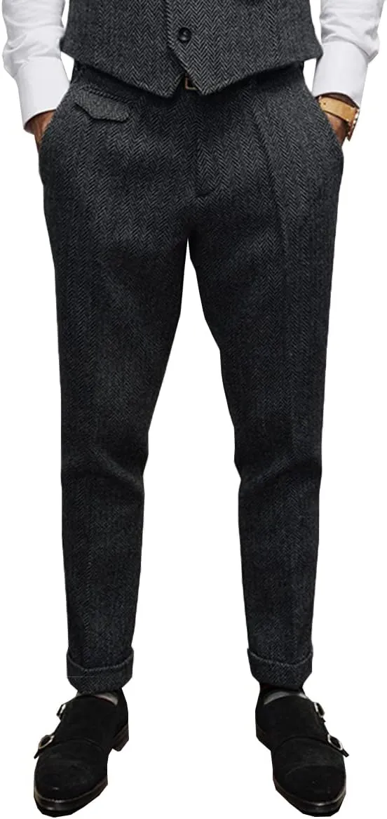 Mens Pants Herringbone Vintage Dress Pant Hemmed Pleated Suit Pants