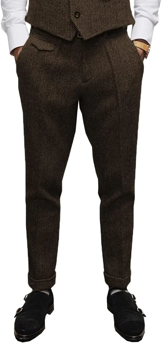 Mens Pants Herringbone Vintage Dress Pant Hemmed Pleated Suit Pants