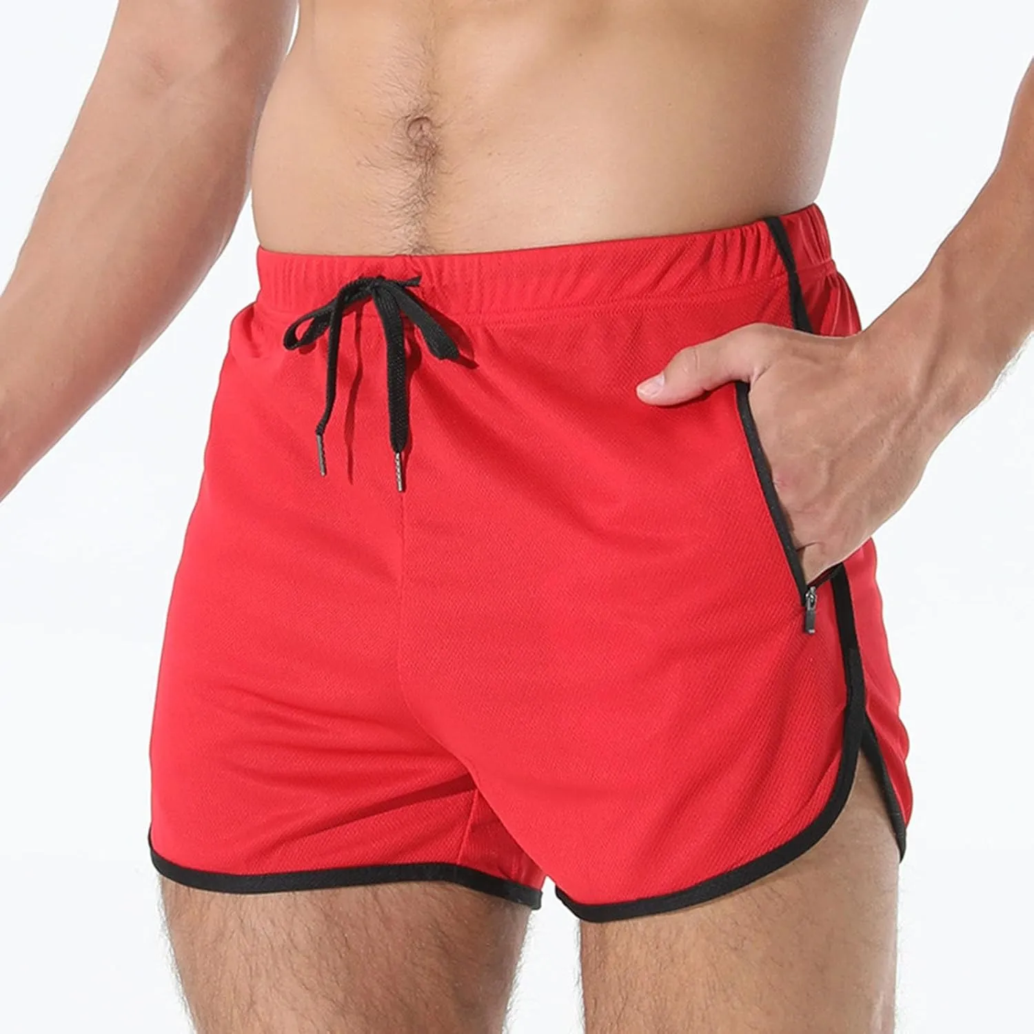 Men's Running Shorts Drawstring Bodybuilding Short Breathing Quick Dry Workout Training Pants with Zipper Pockets