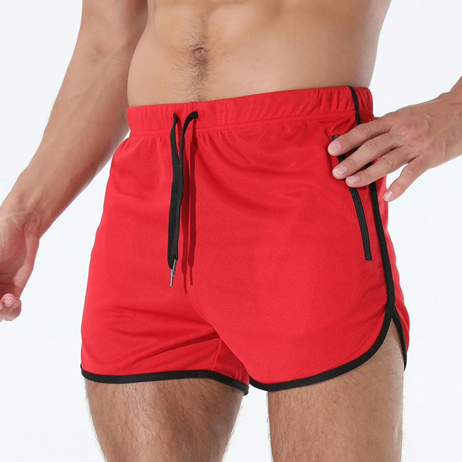 Men's Running Shorts Drawstring Bodybuilding Short Breathing Quick Dry Workout Training Pants with Zipper Pockets