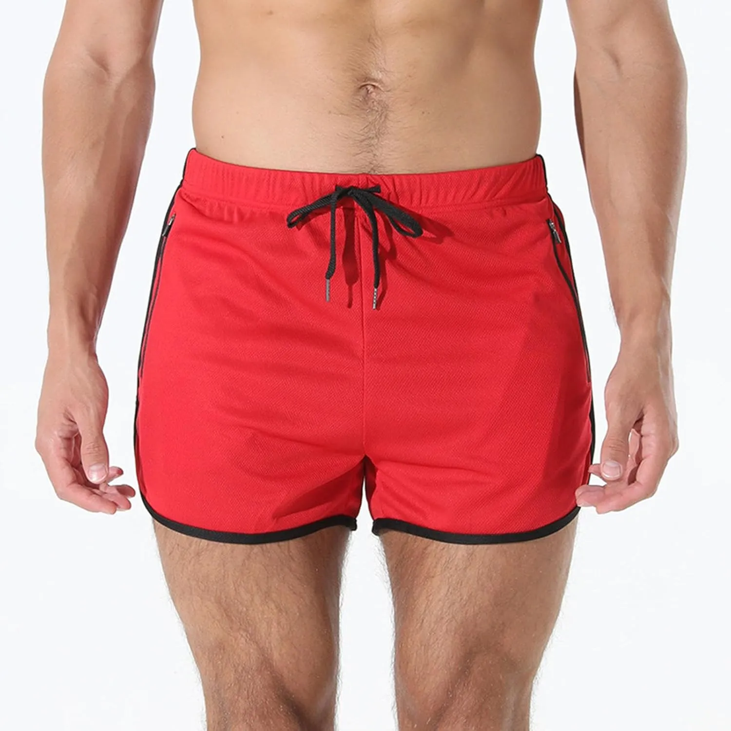 Men's Running Shorts Drawstring Bodybuilding Short Breathing Quick Dry Workout Training Pants with Zipper Pockets