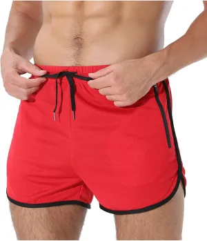 Men's Running Shorts Drawstring Bodybuilding Short Breathing Quick Dry Workout Training Pants with Zipper Pockets
