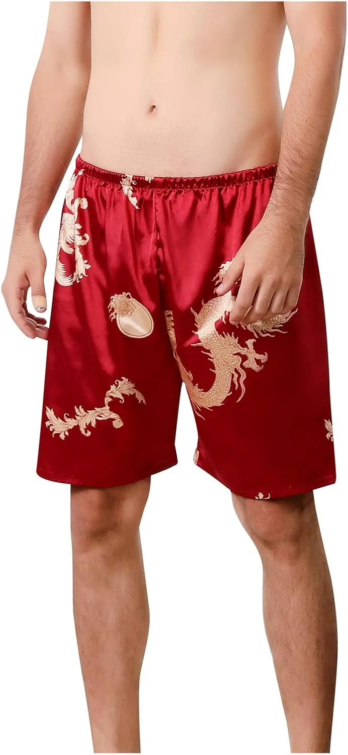 Mens Satin Boxer Shorts Sleepwear Elastic Waist Lounge Fashion Print Satin Pajama Bottom Underwear Silk Sleep Shorts