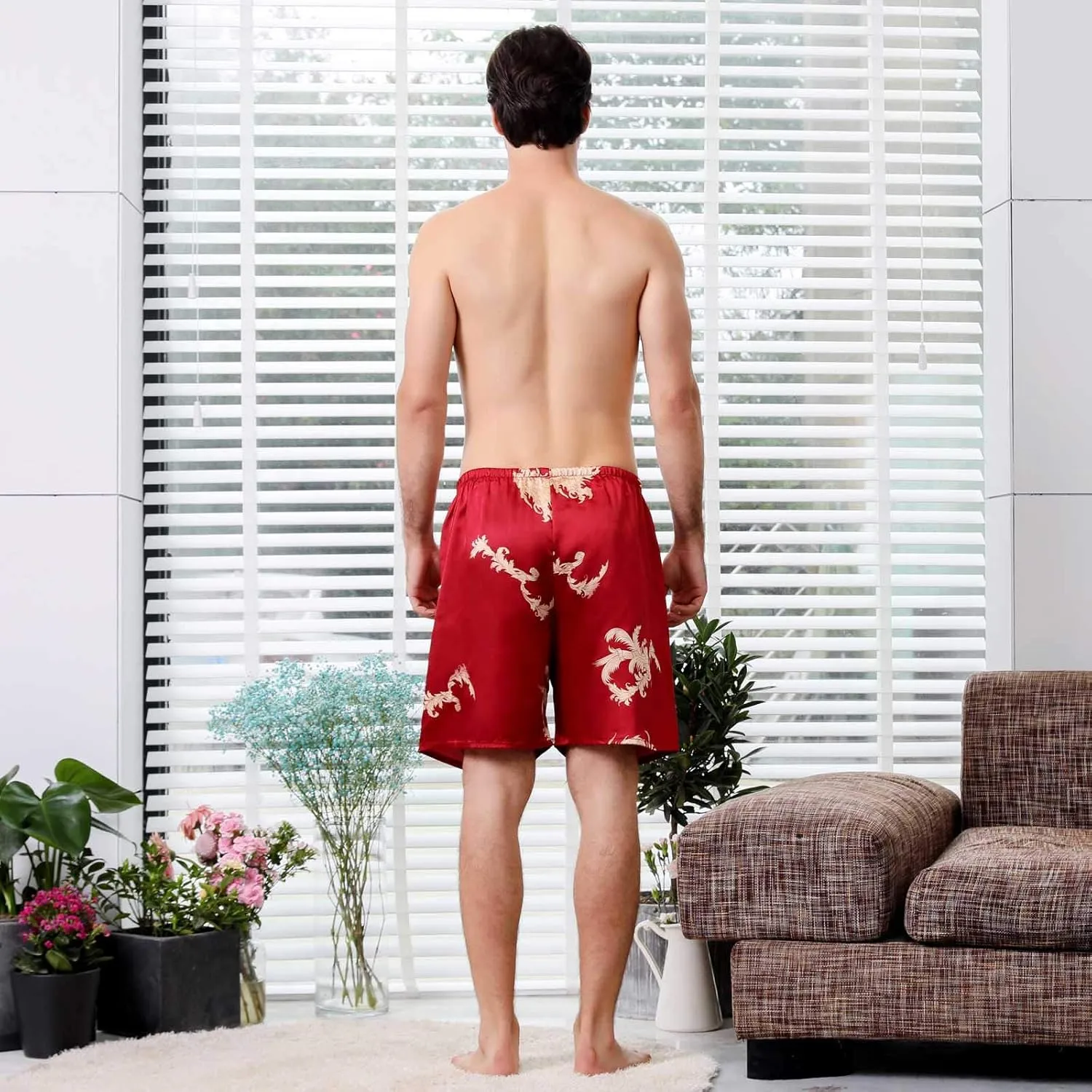 Mens Satin Boxer Shorts Sleepwear Elastic Waist Lounge Fashion Print Satin Pajama Bottom Underwear Silk Sleep Shorts