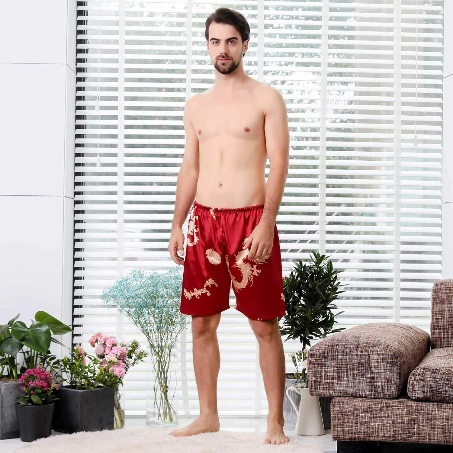 Mens Satin Boxer Shorts Sleepwear Elastic Waist Lounge Fashion Print Satin Pajama Bottom Underwear Silk Sleep Shorts