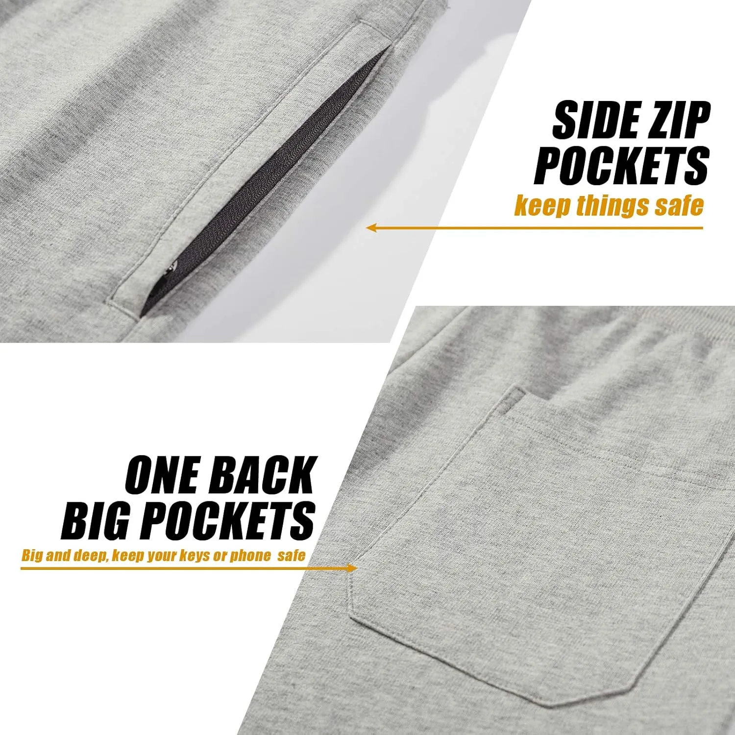 Mens Shorts Cotton Athletic Workout Shorts Zipper Pockets Casual Gym Running Sweat Shorts with Drawstring