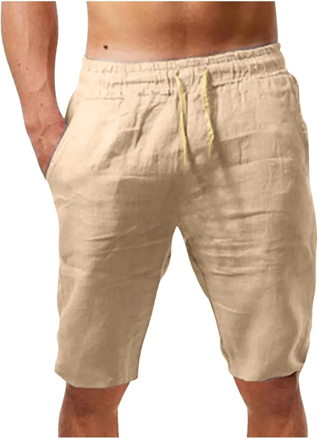 Men's Solid Cotton Linen Shorts 9'' Elastic Waist Retro Beach Summer Drawstring Shorts Comfy Soft Lounge Shorts