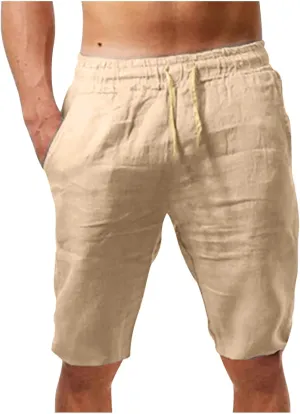 Men's Solid Cotton Linen Shorts 9'' Elastic Waist Retro Beach Summer Drawstring Shorts Comfy Soft Lounge Shorts
