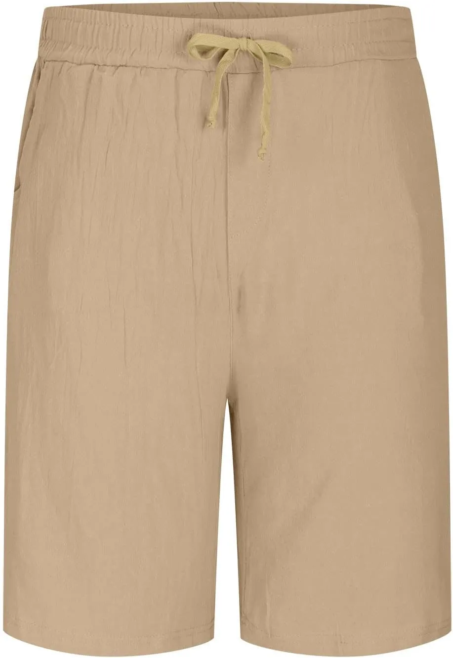 Men's Solid Cotton Linen Shorts 9'' Elastic Waist Retro Beach Summer Drawstring Shorts Comfy Soft Lounge Shorts