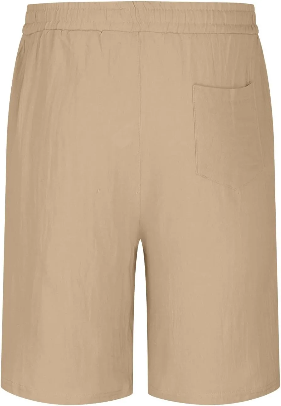 Men's Solid Cotton Linen Shorts 9'' Elastic Waist Retro Beach Summer Drawstring Shorts Comfy Soft Lounge Shorts