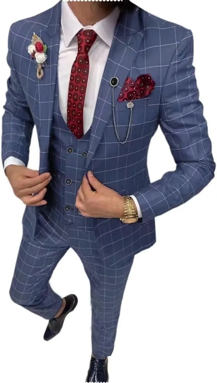 Men's Suit Slim Fit 3 Piece Plaid Suits for Men Checked Tuxedo Suit Men Formal Plaid Blazer Vest Pants Set