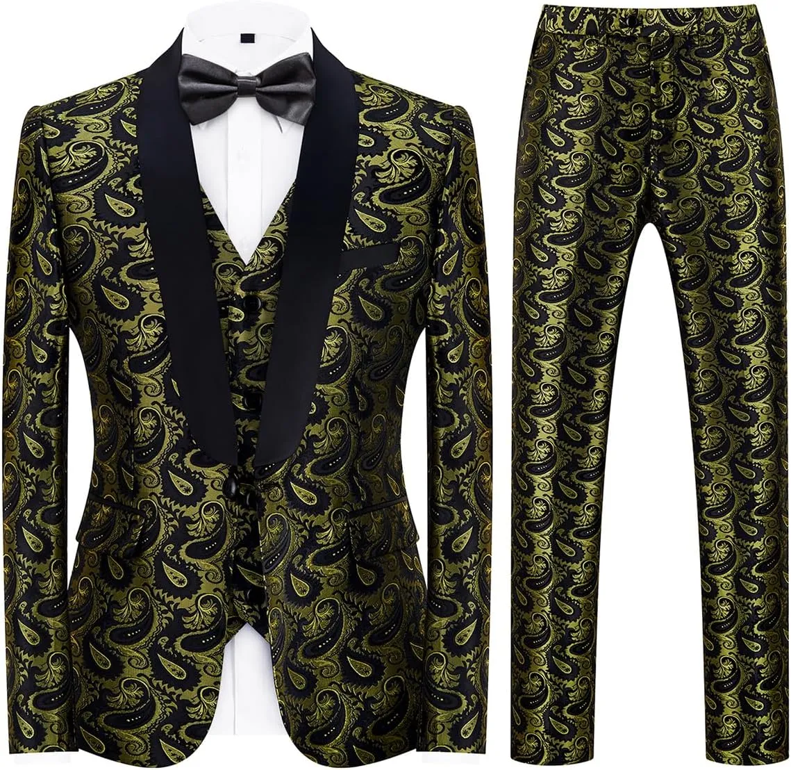 Mens Suits 3 Piece Slim Fit Tuxedo for Men Paisley Suit Prom Tux Shawl Lapel One Button Blazer Vest Pants Set