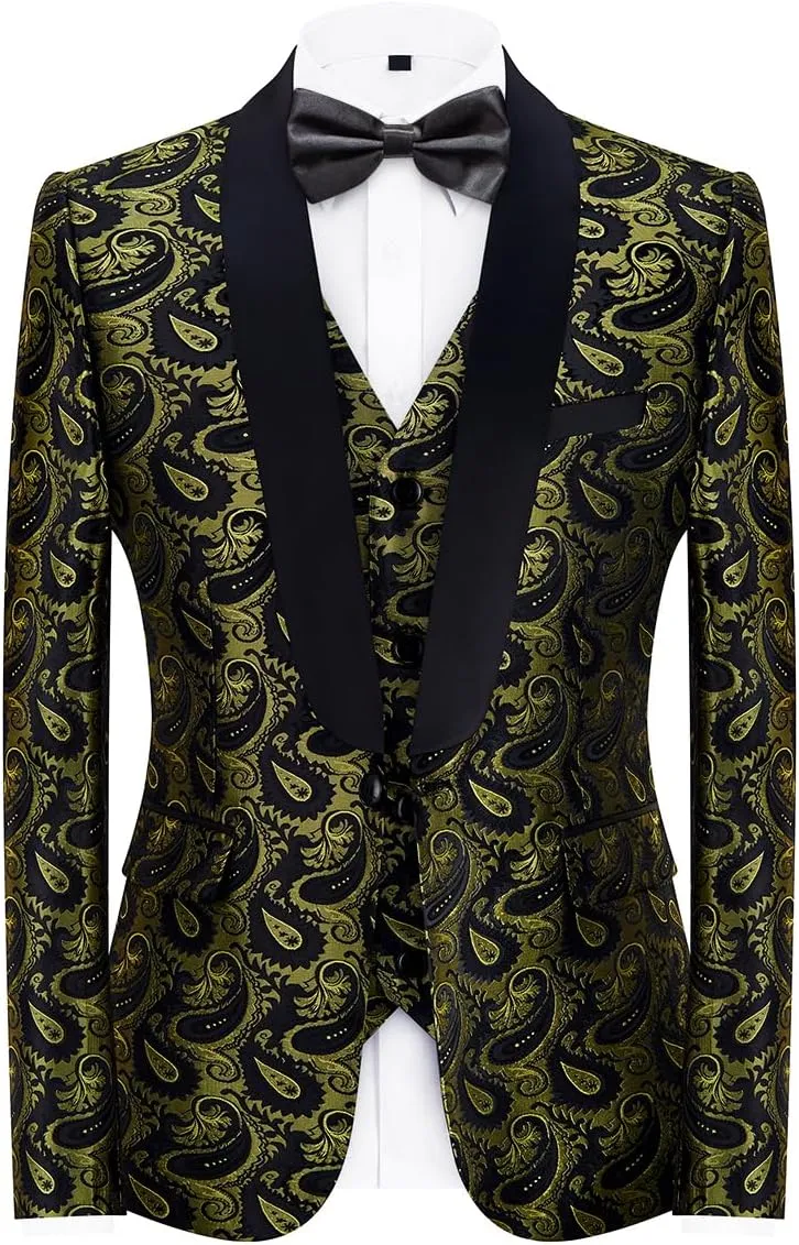 Mens Suits 3 Piece Slim Fit Tuxedo for Men Paisley Suit Prom Tux Shawl Lapel One Button Blazer Vest Pants Set