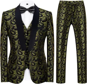 Mens Suits 3 Piece Slim Fit Tuxedo for Men Paisley Suit Prom Tux Shawl Lapel One Button Blazer Vest Pants Set