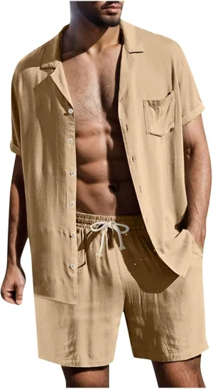 Men's Summer Tracksuit Set Cotton Lapel Button T Shirt and Shorts Lounge Set 2 Piece Suit Sleepwear Beach Holiday Clothes