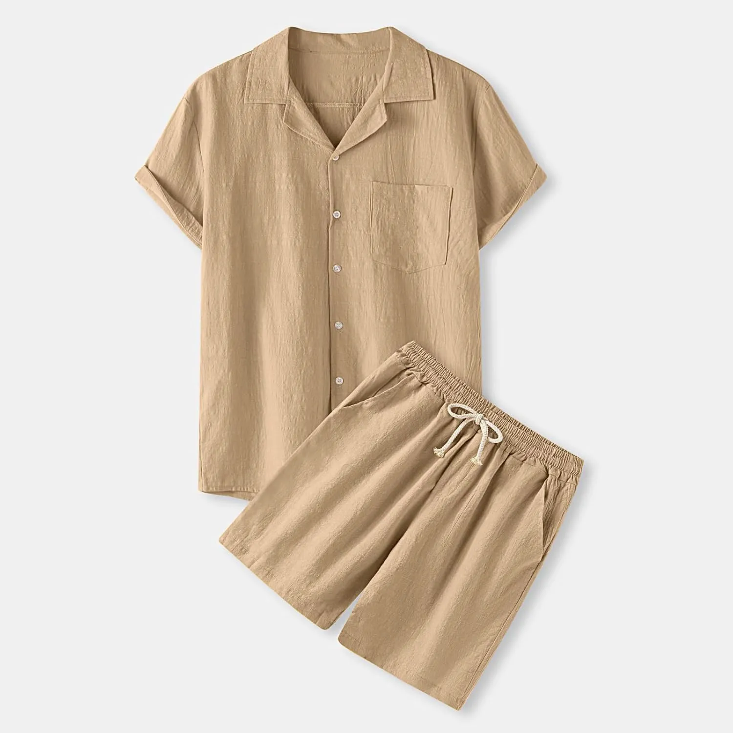 Men's Summer Tracksuit Set Cotton Lapel Button T Shirt and Shorts Lounge Set 2 Piece Suit Sleepwear Beach Holiday Clothes