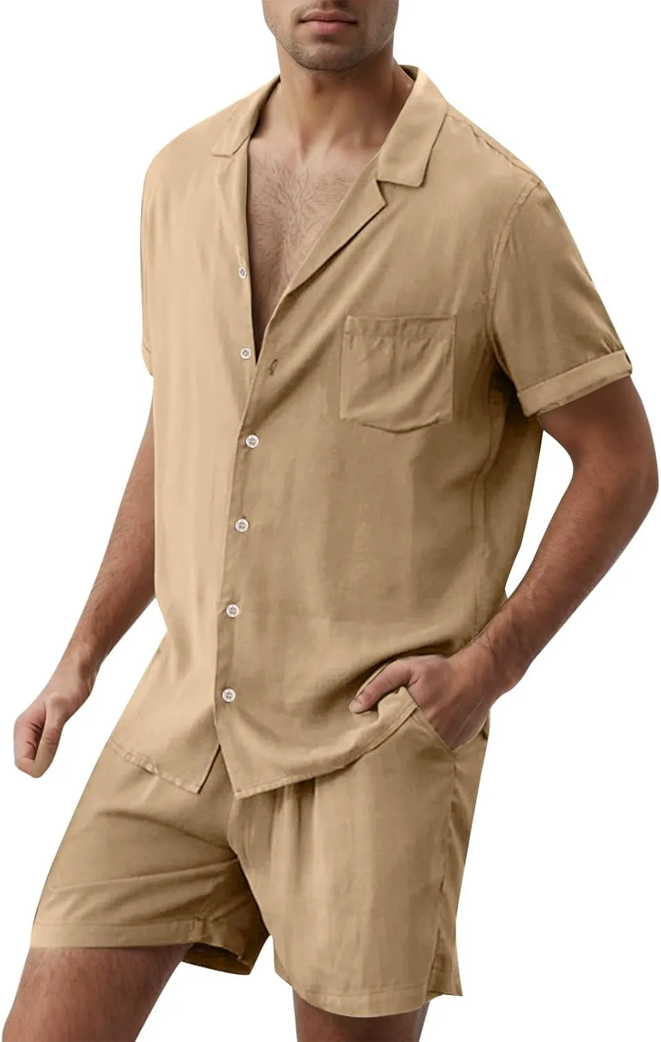 Men's Summer Tracksuit Set Cotton Lapel Button T Shirt and Shorts Lounge Set 2 Piece Suit Sleepwear Beach Holiday Clothes