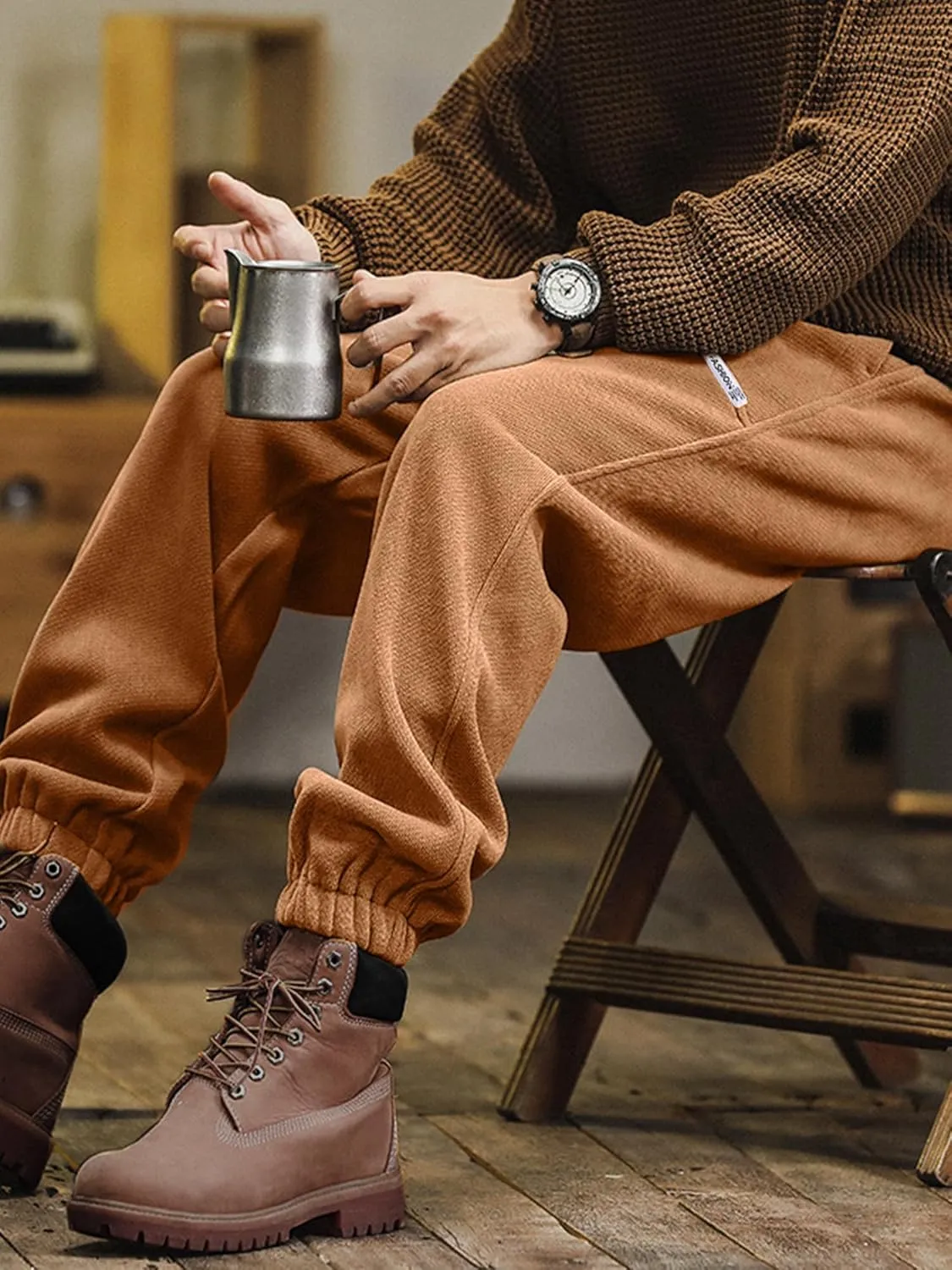 Mens Sweatpants Corduroy Joggers Casual Cargo Pants Elastic Waist Drawstring Stretch Tapered Baggy Pants with Pockets