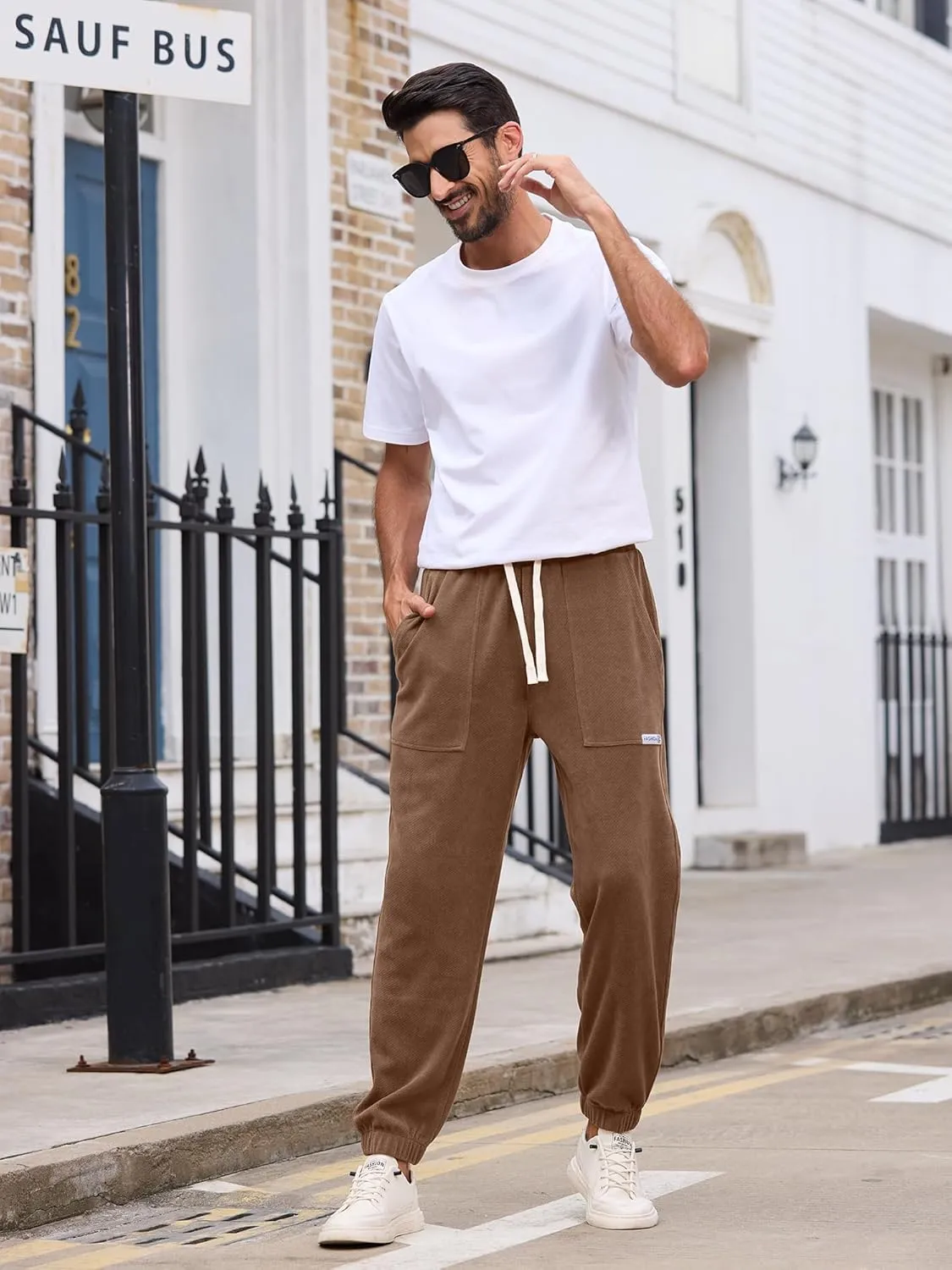 Mens Sweatpants Corduroy Joggers Casual Cargo Pants Elastic Waist Drawstring Stretch Tapered Baggy Pants with Pockets