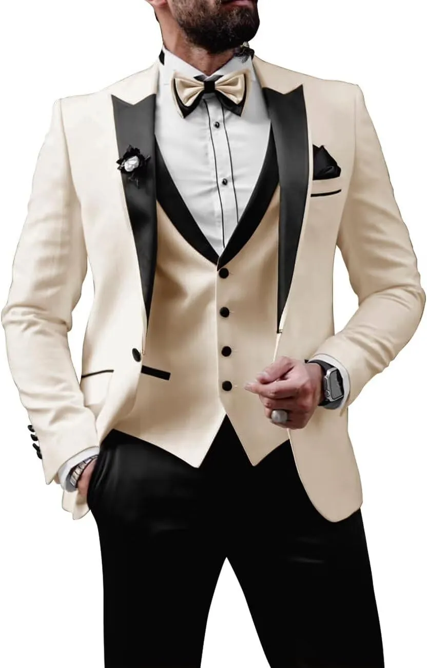 Mens Tuxedo Suits Slim Fit 3 Piece Formal Suit for Men Wedding Suits Stylish Suit Jacket Vest Pants with Tie