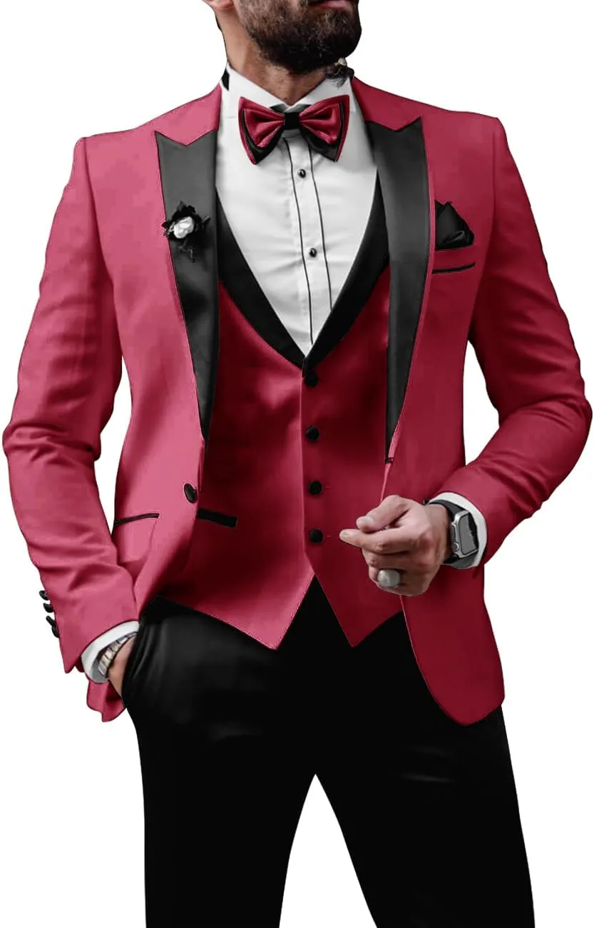 Mens Tuxedo Suits Slim Fit 3 Piece Formal Suit for Men Wedding Suits Stylish Suit Jacket Vest Pants with Tie