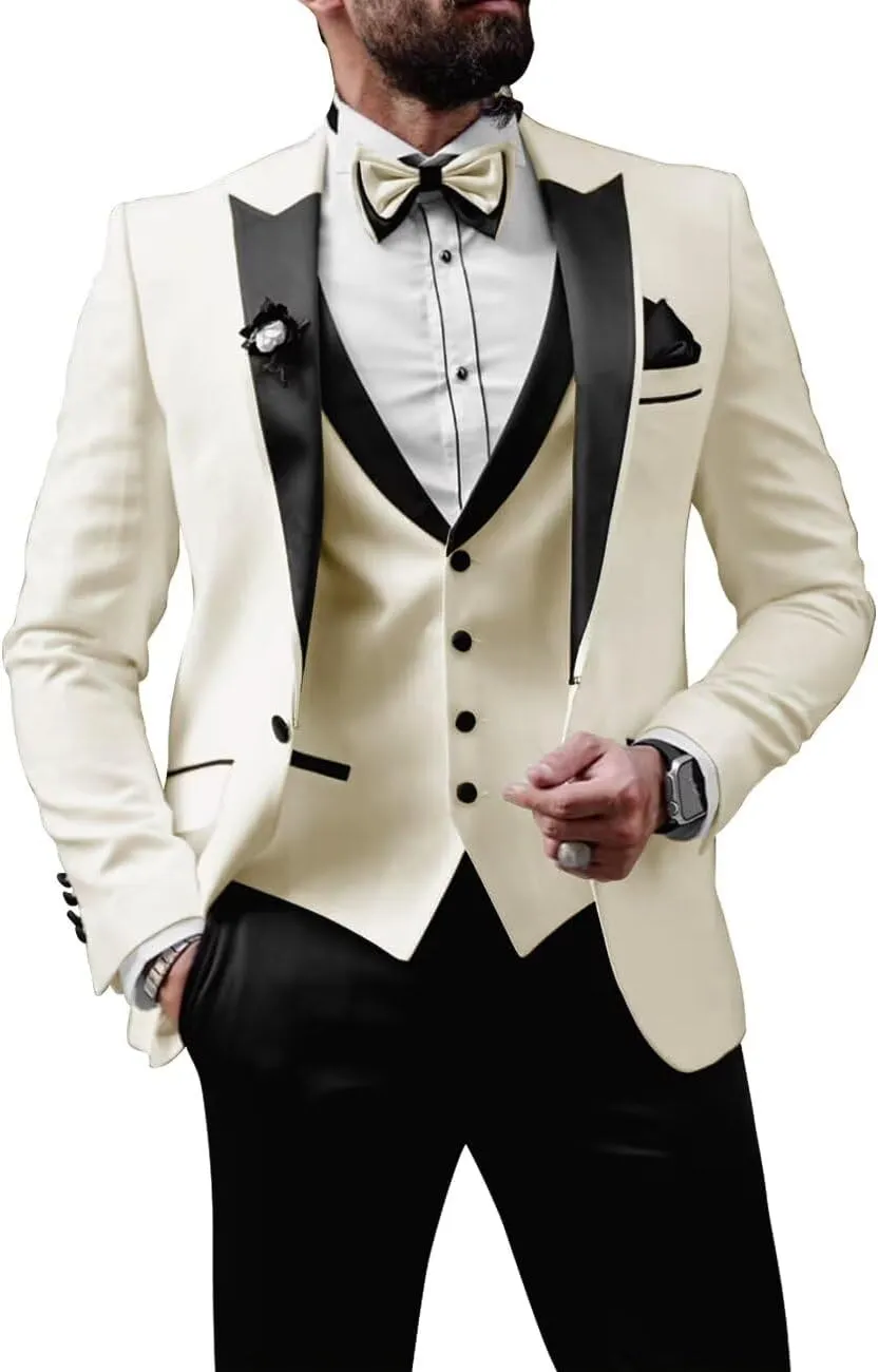 Mens Tuxedo Suits Slim Fit 3 Piece Formal Suit for Men Wedding Suits Stylish Suit Jacket Vest Pants with Tie