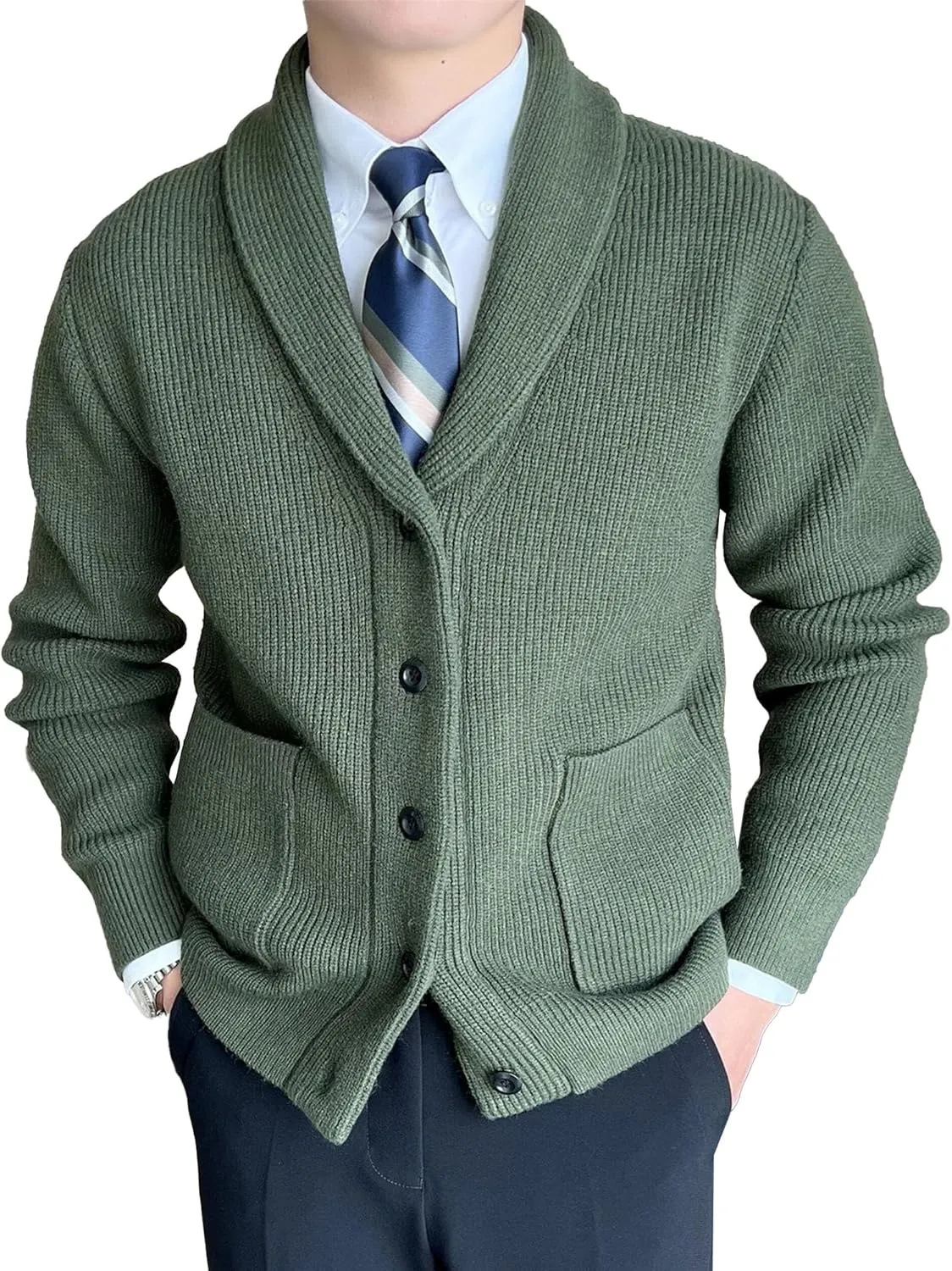 Men's Vintage Pocket Cable Knit Cardigan Thicken Warm Casual Open Sweaters V Neck Button Down Cardigans