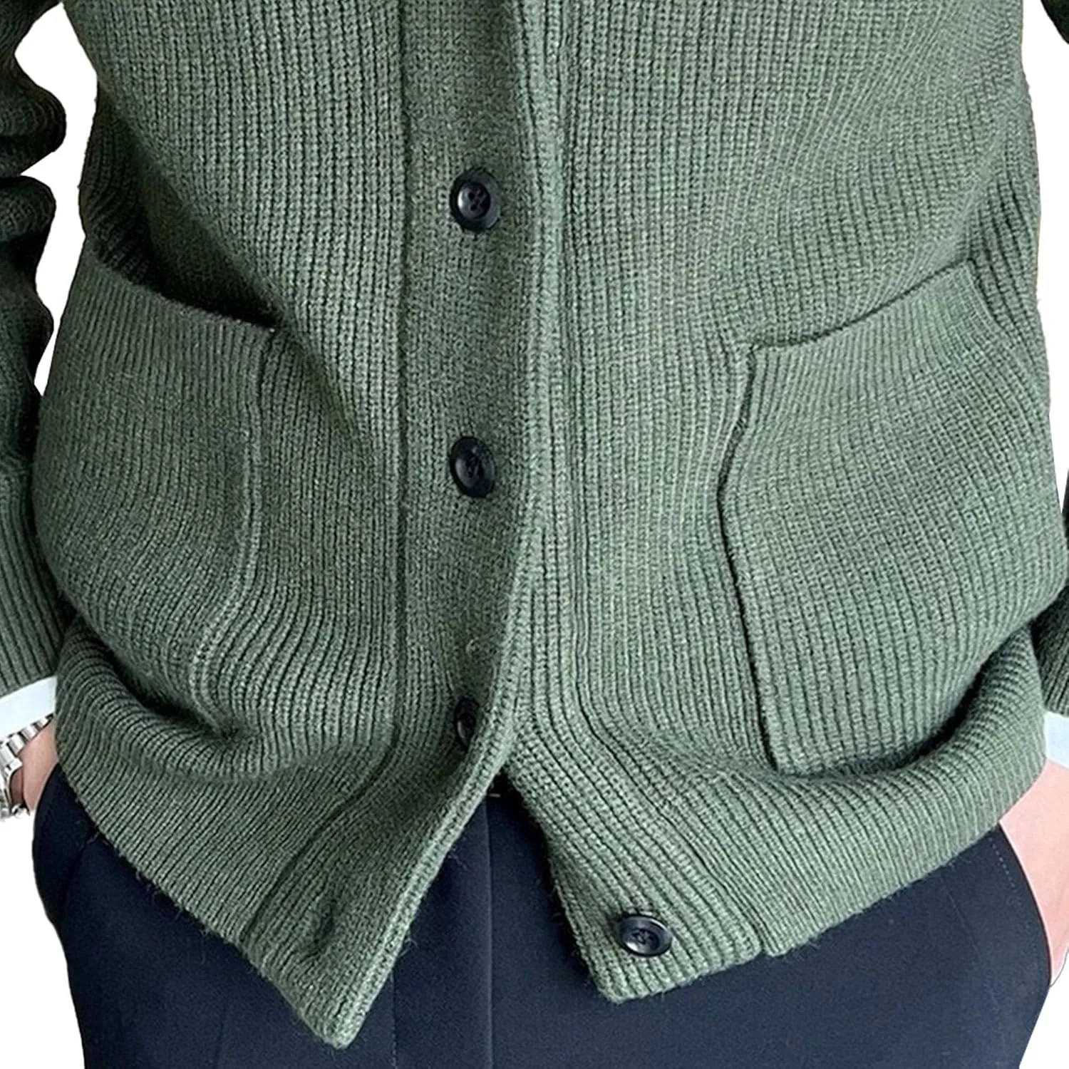 Men's Vintage Pocket Cable Knit Cardigan Thicken Warm Casual Open Sweaters V Neck Button Down Cardigans