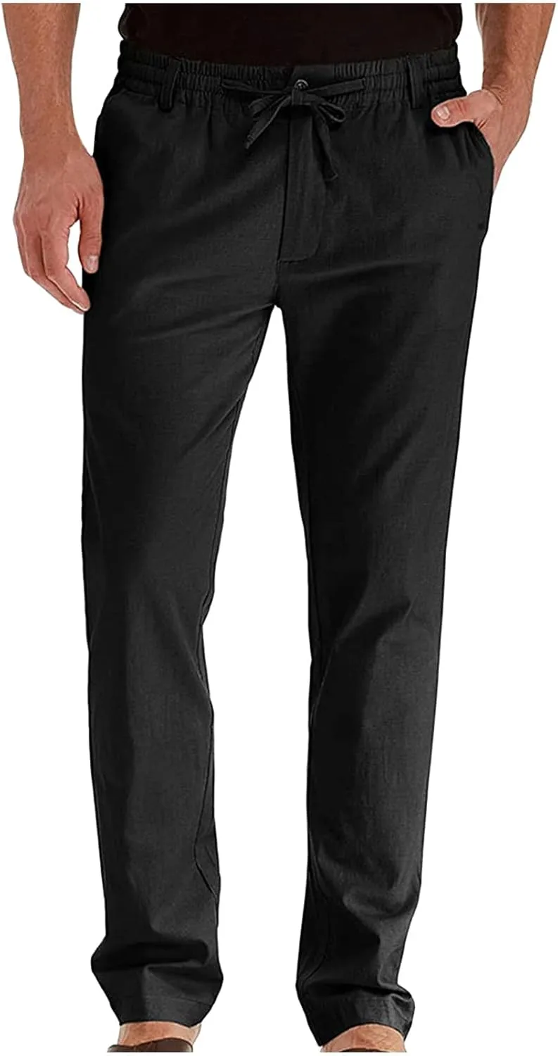Mens Wild Cotton Pants, Classic Regular Fit Business Casual Work Pants, Elastic Drawstring Waist Twill Pants for Men