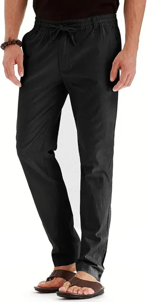 Mens Wild Cotton Pants, Classic Regular Fit Business Casual Work Pants, Elastic Drawstring Waist Twill Pants for Men