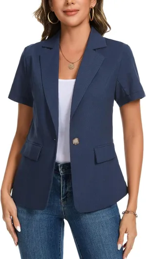 MINTLIMIT Women's Cotton Linen Blazer Jacket Short Sleeve Summer Casual Lightweight Button Lapel Blazers with Pockets