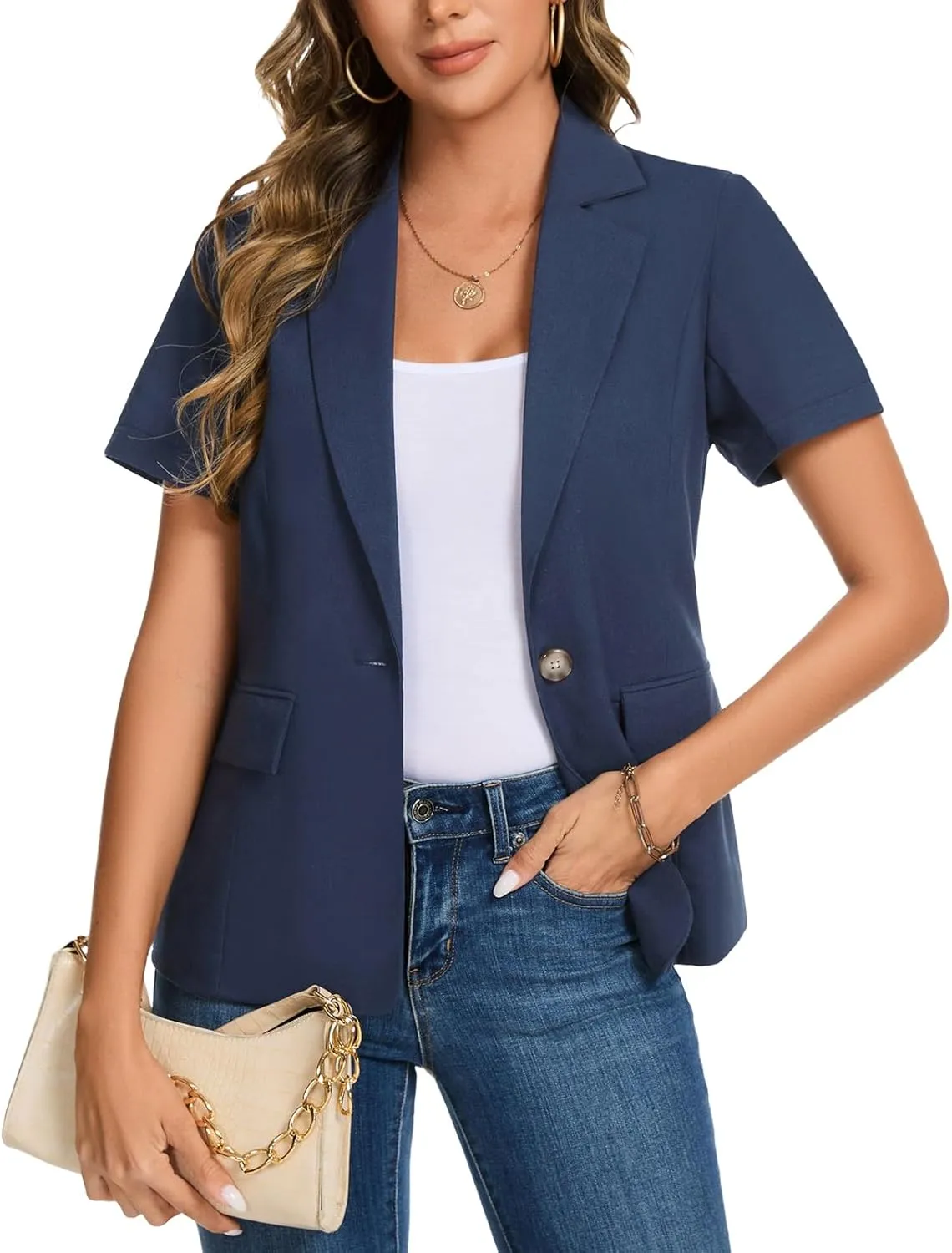 MINTLIMIT Women's Cotton Linen Blazer Jacket Short Sleeve Summer Casual Lightweight Button Lapel Blazers with Pockets
