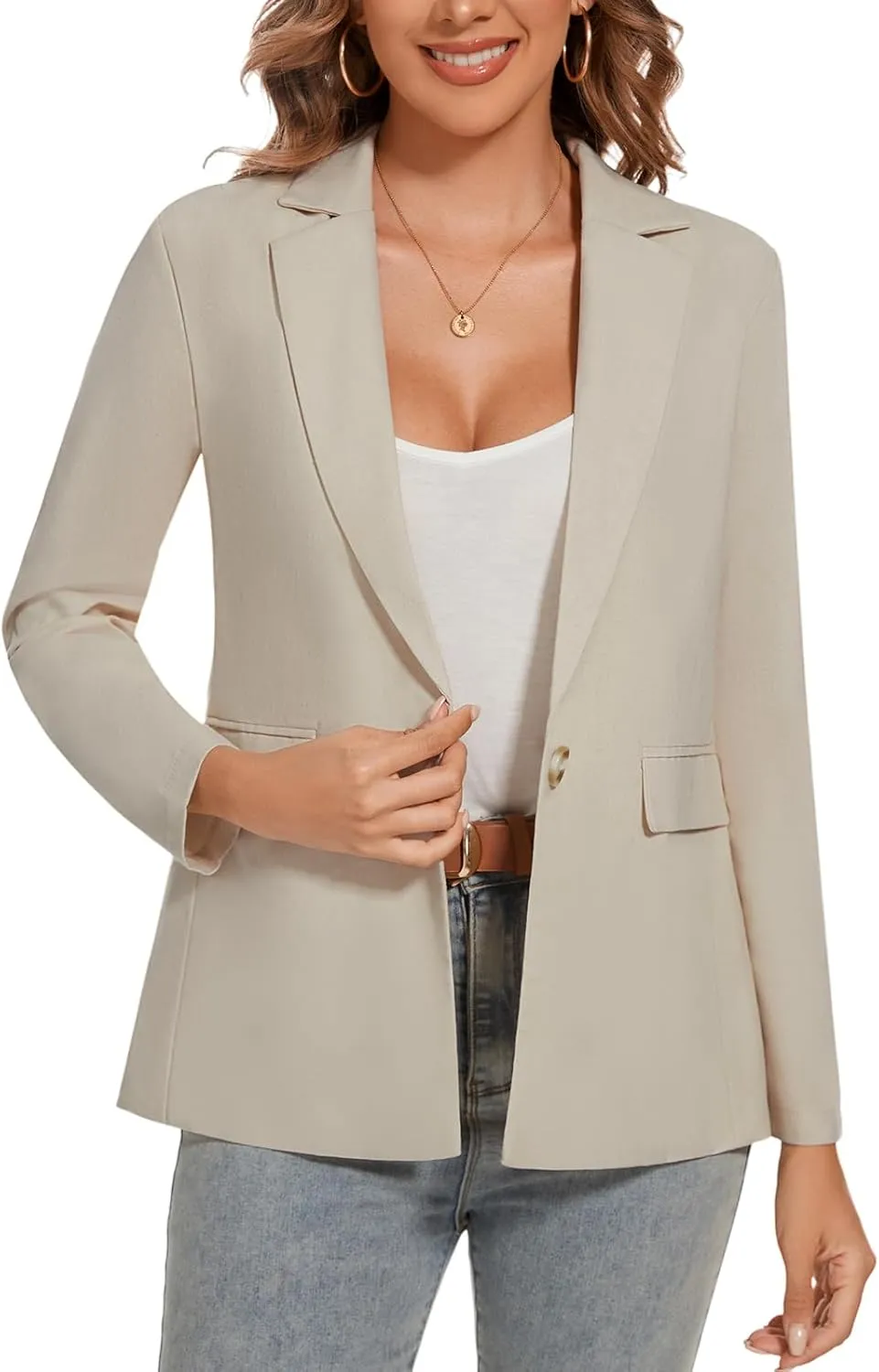 MINTLIMIT Womens Cotton Linen Blazer Long Sleeve Casual Work Office Lightweight Lapel Button Blazers Jacket with Pockets
